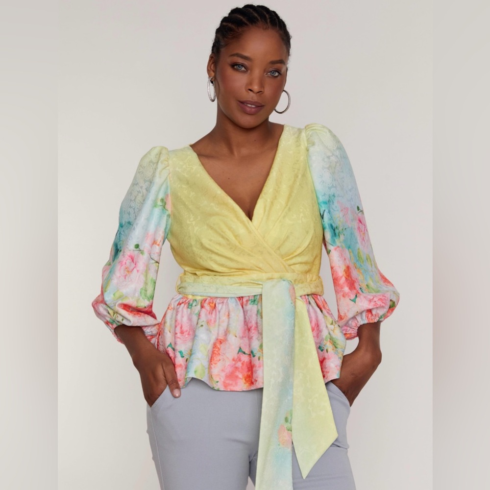 Alberto Makali 2023 Floral‎ Wrap Blouse - Yellow and Multicolor